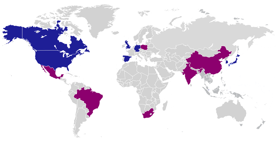 Mapa světa s vyznačenými státy, kde průzkum probíhal, obr. 3M. Modře jsou vyznačeny vyspělé země, fialově rozvíjející se.