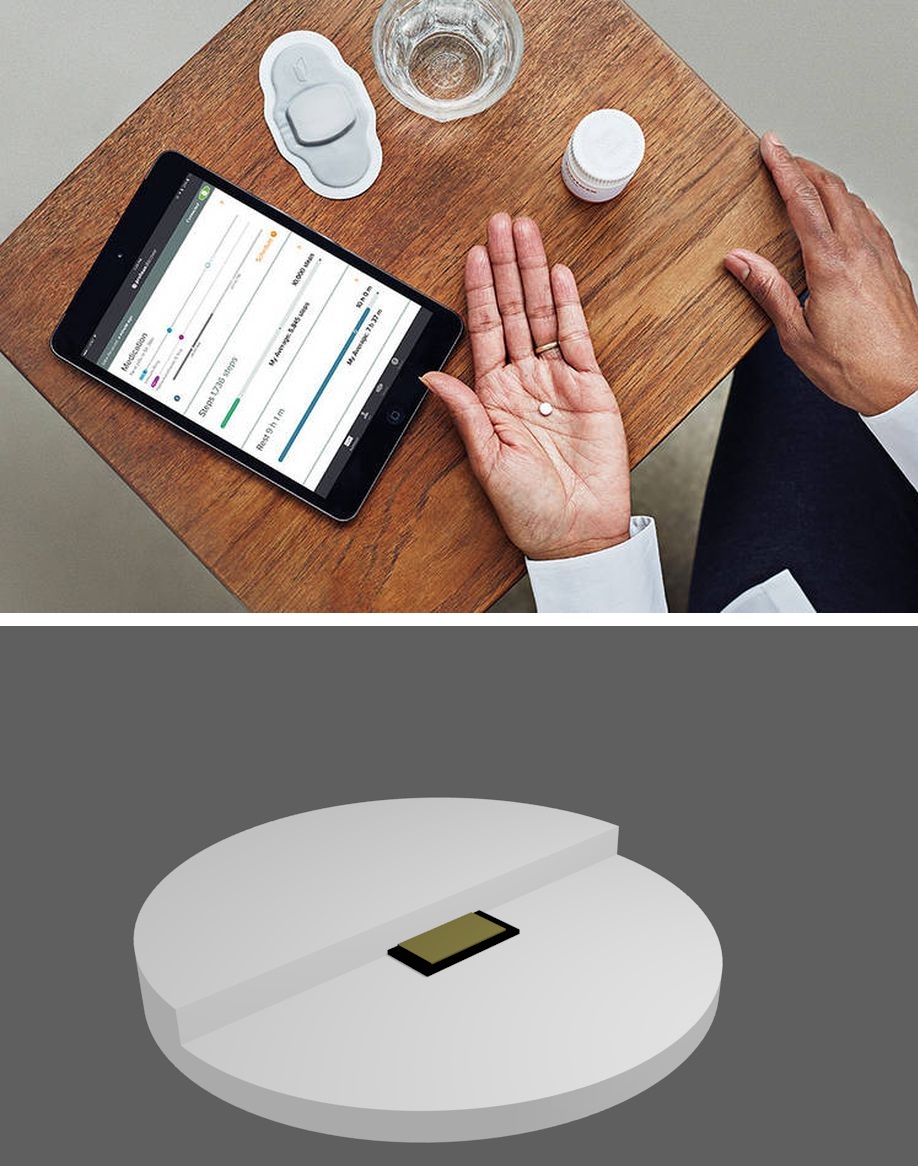 Tabletka s přijímačem signálu a dalším příslušenstvím nahoře (foto Proteus Digital Health), dole uložení senzoru v tabletce v odpovídajícím poměru velikostí.