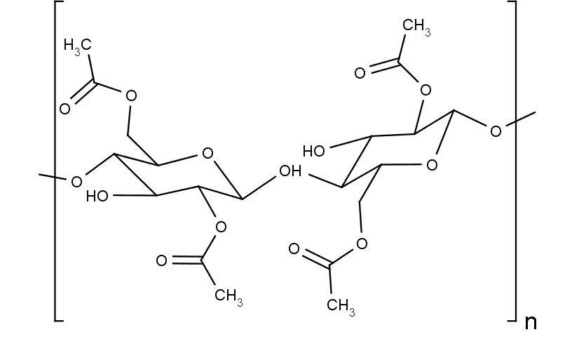 Chemická struktura acetylcelulózy.