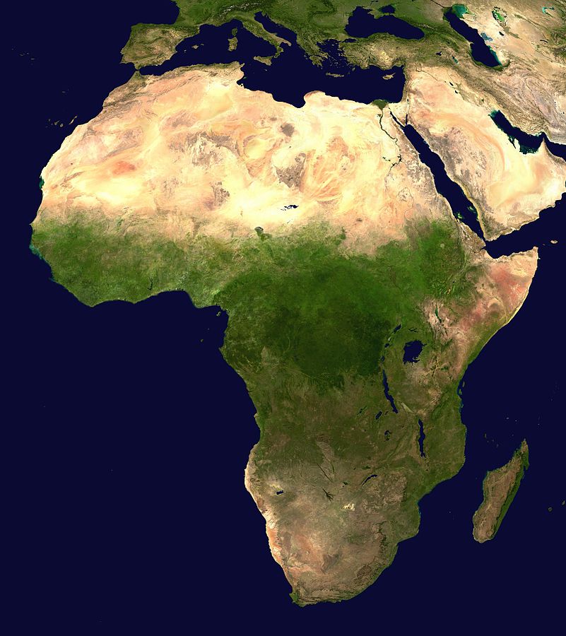 Satelitní snímek Afriky (foto NASA, volní dílo, via Wikimedia Commons). Temně zelné plochy v centrální Africa jsou souvislé zalesněné plochy.
