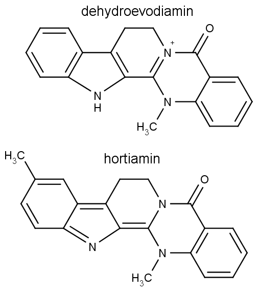 Chemická struktura dehydroevodiaminu (nahoře) a hortiaminu (dole).