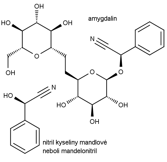 Nahoře amygdalin, dole nitril kyseliny mandlové neboli mandelonitril.