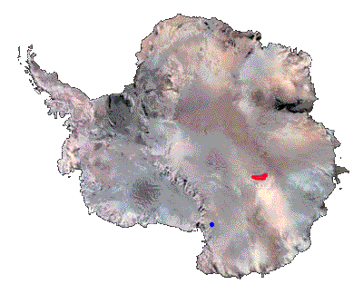 Červená skvrnka ukazuje polohu jezera Vostok, modrá oblast, kde leží jezero Vida (viz aktualita z 23.12.2002).