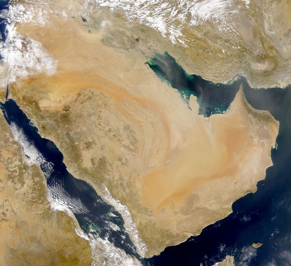 Satelitní snímek Arabského poloostrova, foto SeaWiFS Project, NASA/Goddard Space Flight Center, and ORBIMAGE [Public domain].
