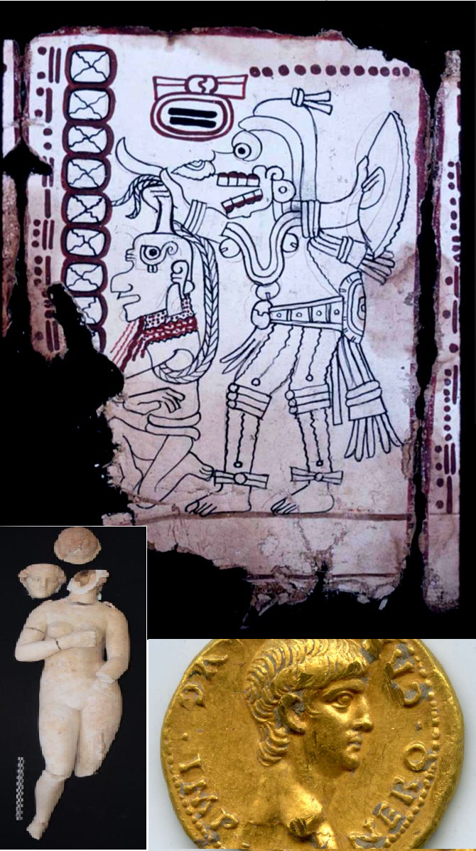 Nahoře 6.stránka mayského Grolier kodexu, vpravo dole zlatá římská mince (foto Shimon Gibson), vlevo dole mramorová socha Afrodity z Petry (foto Tom Parker).