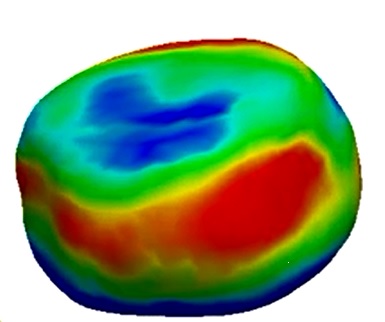 Kmitající nanokrystalek Au o průměru 350 nm. Červené oblasti expandují, modré se zanořují. Obr. Jesse Clark/UCL.