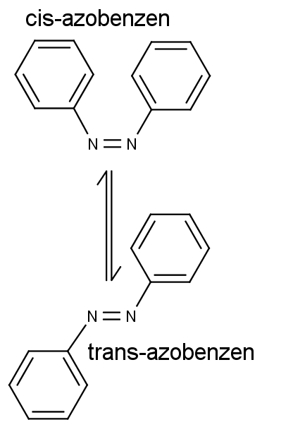 struktura cis-azobenzenu (nahoře) a trans-azobenzenu (dole)