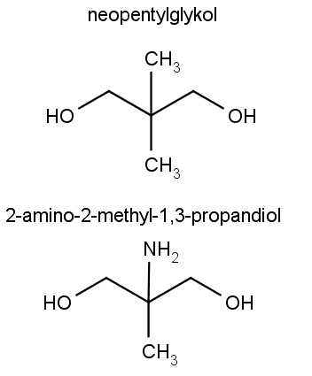 Chemická struktura neopentylglykolu a 2-amino-2-methyl-1,3-propandiolu.