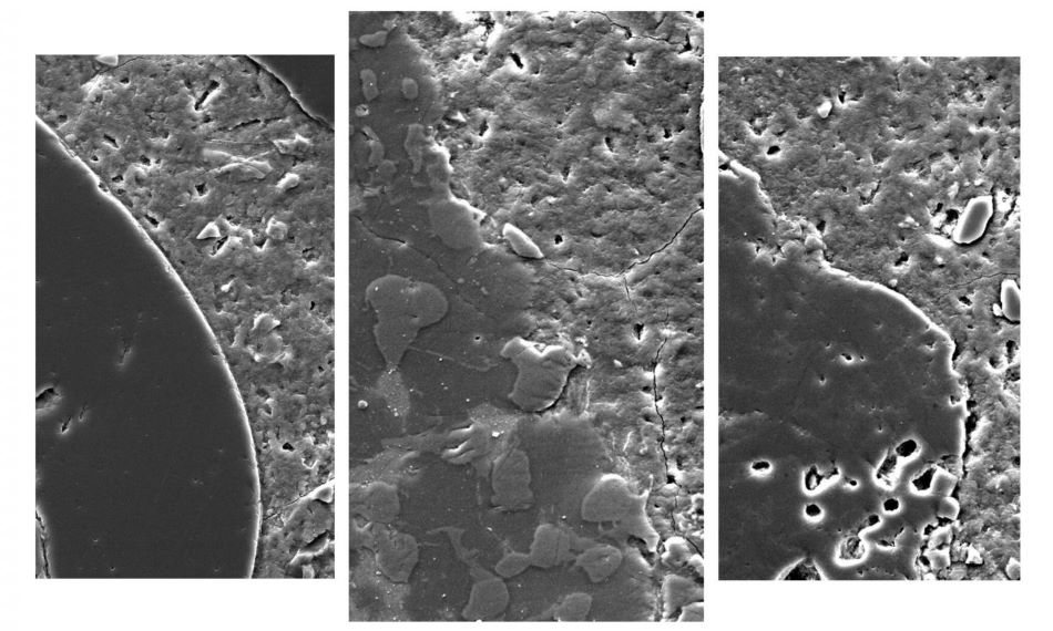 Mikroskopický snímek rozhraní mezi pískem (vlevo), upravenou (střed) a neupravenou (vpravo) struskou a cementovou výplní, obr.RMIT University.