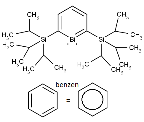 Struktura aromatického cyklu s bismutem, dole molekula benzenu.