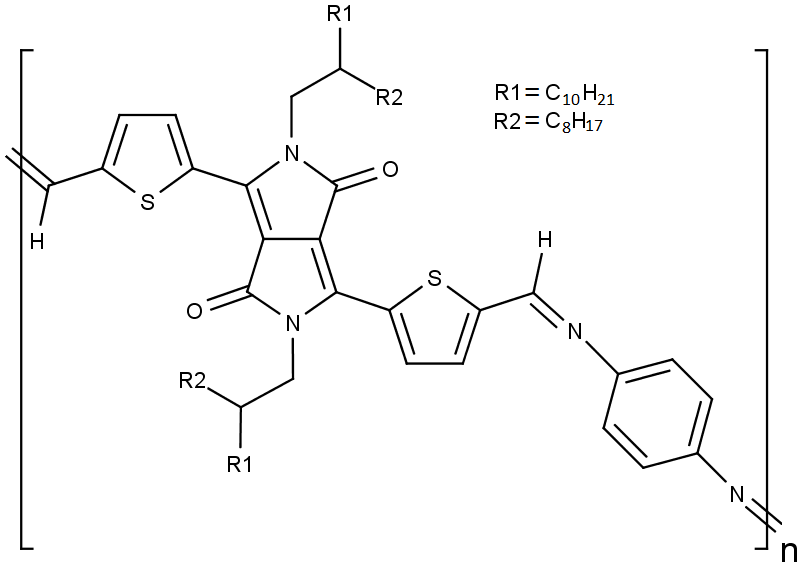 Chemická struktura použitého organického polovodivého polymeru na základě diketopyrrolopyrrolu.