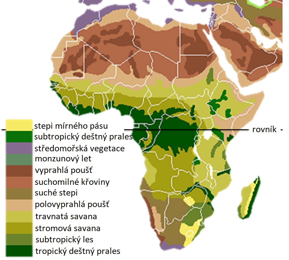 Mapa Afriky s vyznačenými biomy. Upraveno podle:  Vegetation.png: Ville Koistinen (user Vzb83) derivative work: Ukabia (Vegetation.png), CC BY-SA 2.5-2.0-1.0, https://creativecommons.org/licenses/by-sa/2.5-2.0-1.0, GFDL (http://www.gnu.org/copyleft/fdl.html) nebo  CC-BY-SA-3.0, http://creativecommons.org/licenses/by-sa/3.0/, via Wikimedia Commons.
