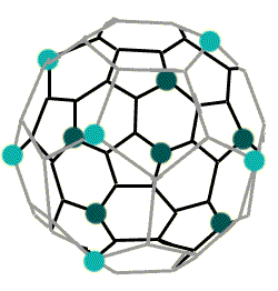 azofulleren - zelené tečky znázorňují atomy dusíku
