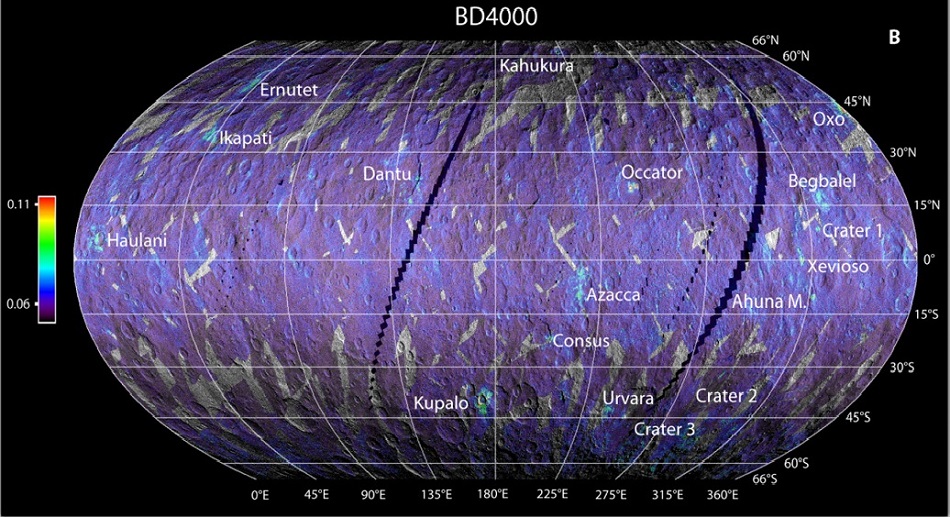 Rozmístění uhličitanů na povrchu Ceresu měřených v infračervené záření o vlnové délce 3,9 mikrometrů (F.G. Carrozzo et al., Nature, formation, and distribution of carbonates on Ceres, Science Advances  14 Mar 2018: Vol. 4, no. 3, e1701645, DOI: 10.1126/sciadv.1701645)
