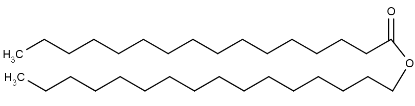 Chemická struktura esteru cetylpalmitátu.