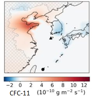 Změna v emisích CFC-11 v letech 2008 - 2017, M.Rigby et al., Increase in CFC-11 emissions from eastern China based on atmospheric observations, Nature, volume 569, pages 546–550 (2019).