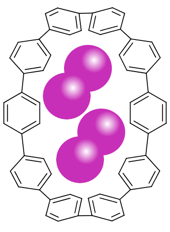 Struktura sloučeninu cykloparafenylenu s jodem (fialové koule).