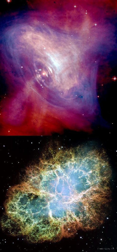 Pulsar v Krabí mlhovině v souhvězdí Býka (nahoře). Obrázek vznikl kombinací snímků Hubbleova teleskopu ve viditelné části spektra (červená) a rentgenových snímků (modrá) družice Chandra (foto NASA). Celou Krabí mlhovinu o průměru 10 světelných let vidíme v nepravých barvách v dolní části obrázku  složeném ze snímků Hubbleova teleskopu a Evropské jižné observatoře (foto NASA, ESA).