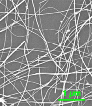 Snímek vodivého filmu z pografenovaných měděných nanodrátů pořízený elektronovým mikroskopem (Letian Dou et al., Solution-Processed Copper/Reduced-Graphene-Oxide Core/Shell Nanowire Transparent Conductors, ACS Nano Article ASAP, DOI: 10.1021/acsnano.5b07651).