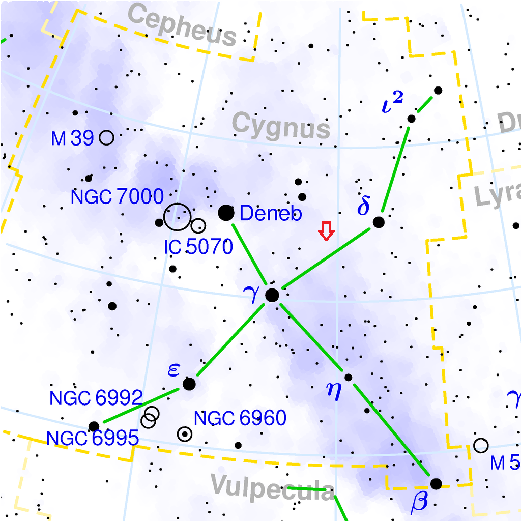 Mapa souhvězdí Labutě s vyznačenou polohou hvězdy KIC 8462852. Licencováno pod CC BY-SA 3.0 via Wikimedia Commons -https://commons.wikimedia.org/wiki/File:Cygnus_constellation_map.png#/media/File:Cygnus_constellation_map.png