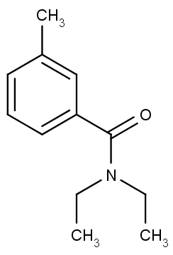 Chemická struktura N,N-diethyl-3-methylbenzamidu, zkráceně DEET.