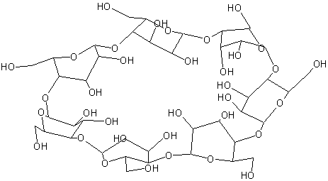 struktura cyklodextrinu - dutina uprostřed zodpovídá za jeho absorpční vlastnosti