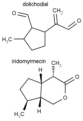 Chemická struktura dolichodialu a iridomyrmecinu.