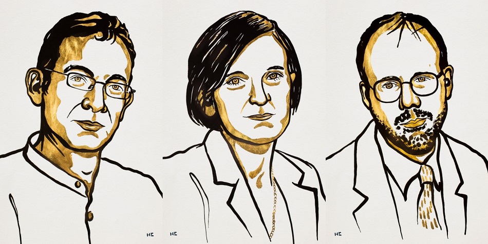 Laureáti Nobelovy ceny za ekonomii pro rok 2019. Zleva doprava Abhijit Banerjee, Esther Duffo a Michael Kremmer, obr. Nobel Media/Niklas Elmehed.