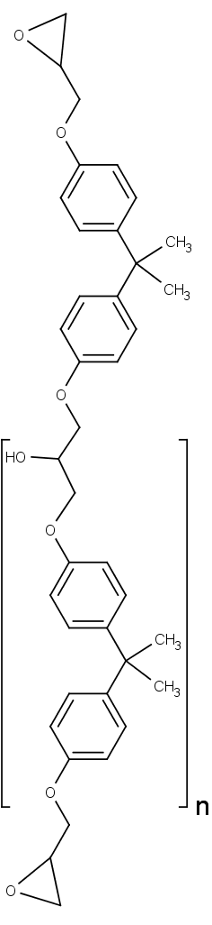 Chemická struktura bisfenol-A diglycidyl ether epoxidové pryskyřice, jednoho z mnoho epoxidových polymerů.