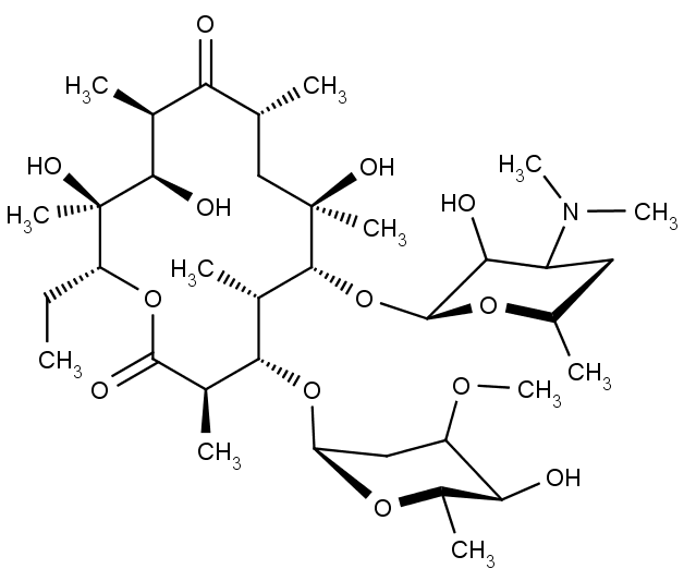 Struktura erythromycinu, antibiotika makrolidové řady. Vlevo nahoře leží makrolidový cyklus podle kterého nesou své pojmenování.