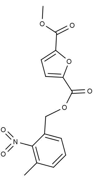 Struktura polymeru z 2,5-furandikarboxylové kyseliny (nahoře) se zabudovanou nitrobenzylovou skupinou (dole).