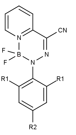 Struktura zkoumaných molekul fluoroborhydrazonů. Nejvyšší nárůst intenzity fluorescence se projevil u sloučeniny, kde R1 = H a R2 = NO2.
