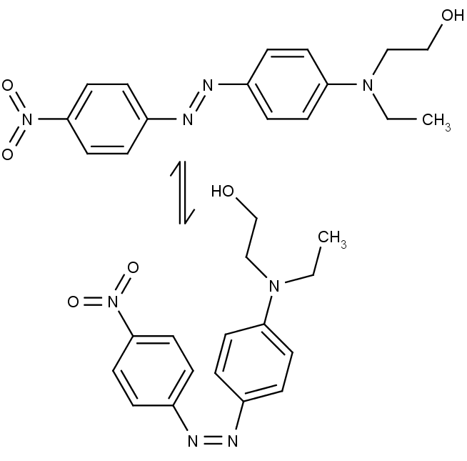Dvě struktury N-ethyl-N-(2-hydroxyethyl)-4-(4-nitrofenylazo)anilinu. Jedna v druhou přechází díky absorpci světla na azo skupinou -N=N-.