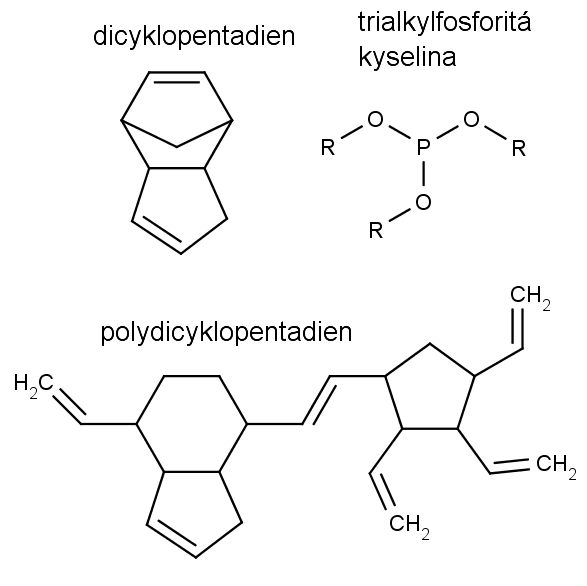Chemická struktura dicyklopentadienu, kyseliny trialkylfosforité a polycyklopentadienu.
