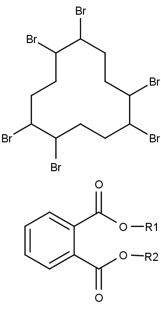 Nahoře struktura zpomalovače hoření hexabromcyklododekanu, dole obecná struktura diesteru kyseliny ftalové.