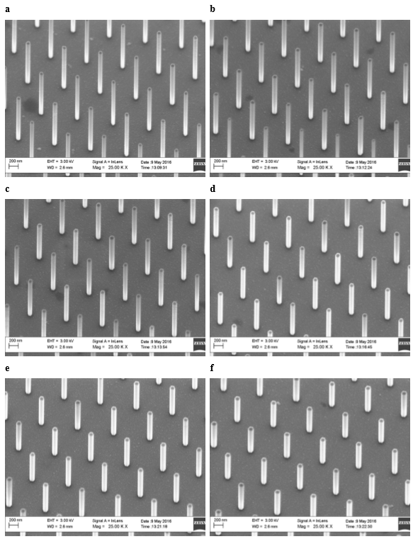 Experimentální uspořádání  GaAs nanodrátů  o průměrech 103 nm (a), 111 nm (b),  115 nm (c), 122 nm (d), 128 nm (e) a 135 nm (f) na snímcích rastrovacího elektronového mikroskopu.