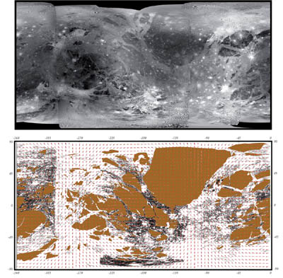 Geologická mapa Ganymedu. Hnědé plochy označují tmavý terén, bílé světlý, černé šrafování vulkanické projevy. Pnutí na jeho povrchu znázorňují červené šipky.
