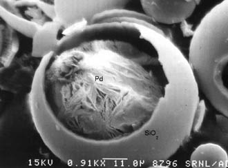 Snímek otevřené skleněné kuličky pořízený elektronovým mikroskopem. Uvnitř vidíme paladium, které proniklo póry dovnitř a vysráželo se (Savannah River National Lab, American Ceramic Society)