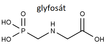 Chemická struktura N-(fosfonomethyl)glycinu neboli glyfosátu.