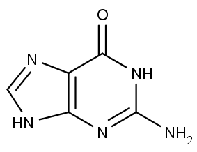 Chemická struktura guaninu. Jméno obdržel podle guana, fermentovaného ptačího trusu, ze kterého byl poprvé izolován.
