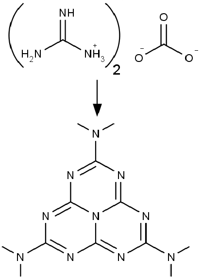 Reakce uhličitanu gaunidinia (nahoře) na polykondenzát heptazinu (dole).