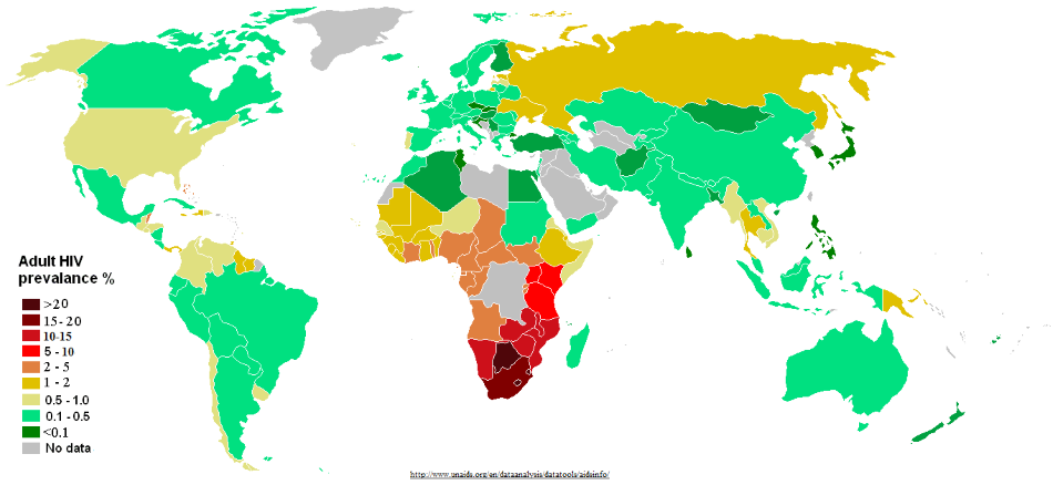 Počet nakažených virem HIV v populaci různých zemí v procentech, PDH [Public domain].