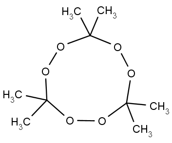 Struktura triaceton triperoxidu, jehož přesné pojmenování zní 3,3,6,6,9,9-hexamethyl-1,2,4,5,7,8-hexaoxacyklononane