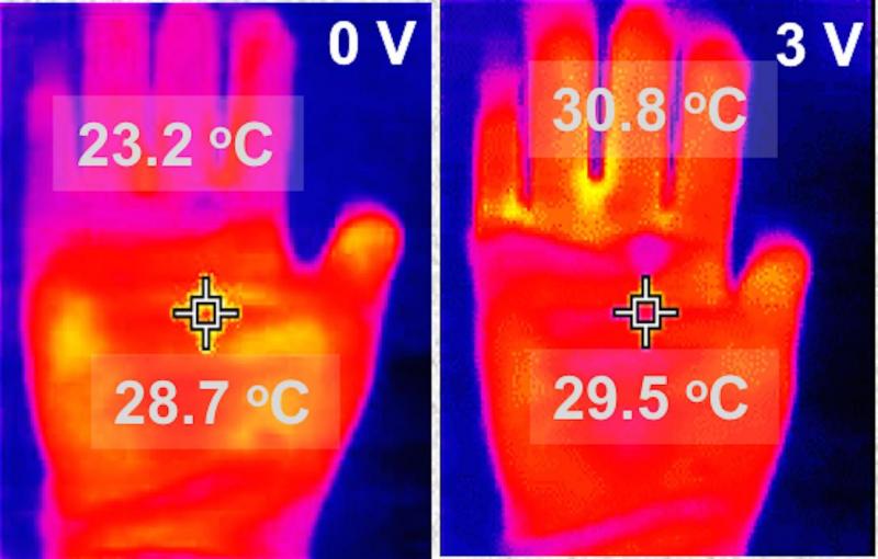 Infračervených snímek nevyhřívaných (vlevo) a vyhřívaných (vpravo) rukavic (obr. University of Massachusetts at Amherst).