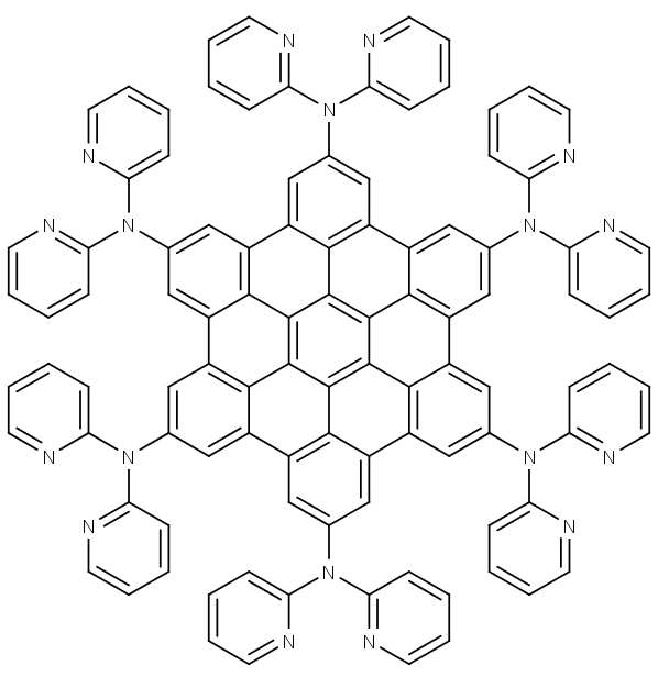 Chemická struktura sloučeniny zvané HPAHBC pro výrobu porézních membrán. Průměr molekuly činí 2,14 nm.