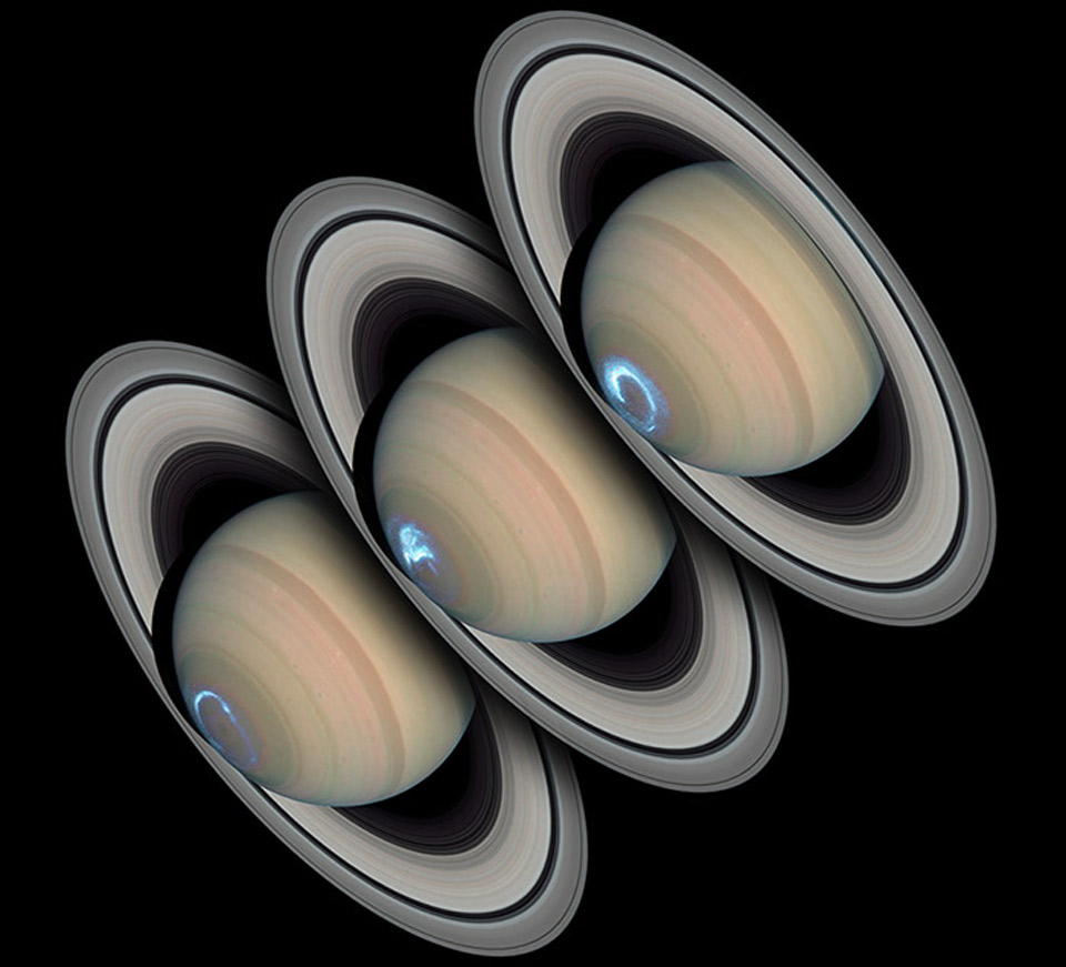 Snímku Saturnova jižního pólu pořízené Hubbleovým teleskopem v rozemezí dvou dnů (foto NASA).