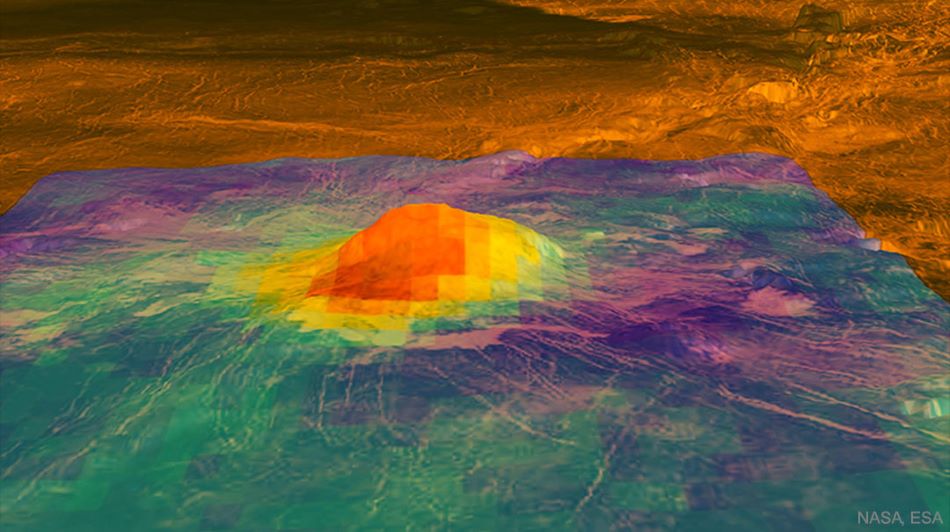 Stále aktivní sopka  Idunn Mons  na Venuši. Modré oblasti vyzařují nejméně, červené nejvíce, foto NASA, JPL-Caltech, ESA, Venus Express: VIRTIS, USRA, LPI.