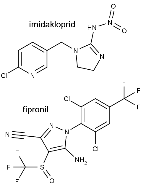 Nahoře chemická struktura  imidaklopridu, dole fipronilu.