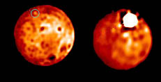 Infračervené snímky měsíce Io. Sopečnou erupci vidíme jako velkou světlou skvrnu na pravém obrázku. Levý obrázek ukazuje situaci 2 dny před explozí (kroužkem je označena oblast výbuchu).
