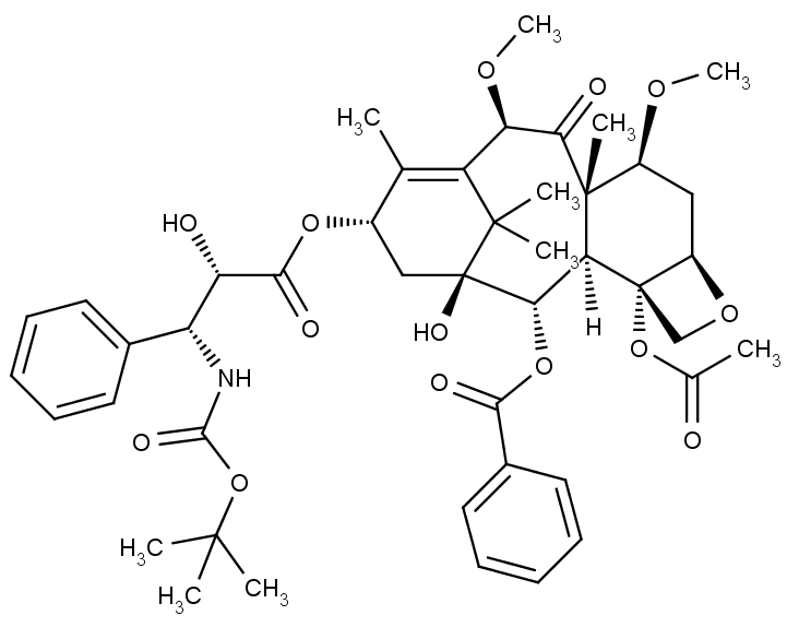 Chemická struktura molekuly kabazitaxelu, chemického přípravku proti rakovině prostaty.
